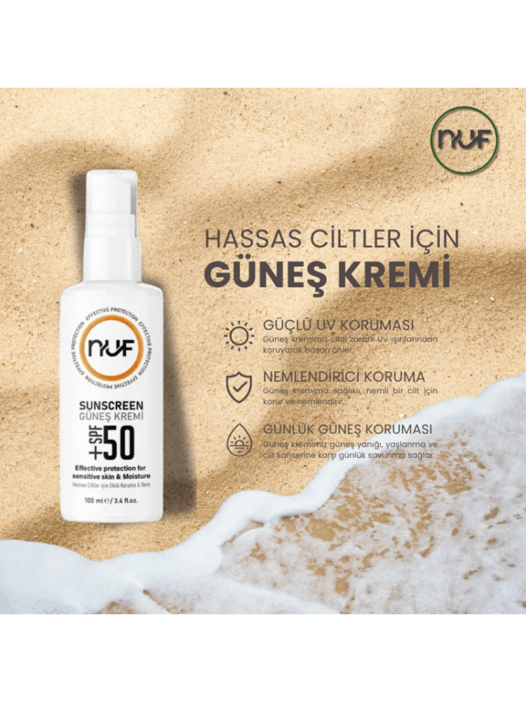 Nuf Kozmetik SPF 50+ Güneş Koruyucu Krem – Kolajen & Aloe Vera Özlü – 100ml