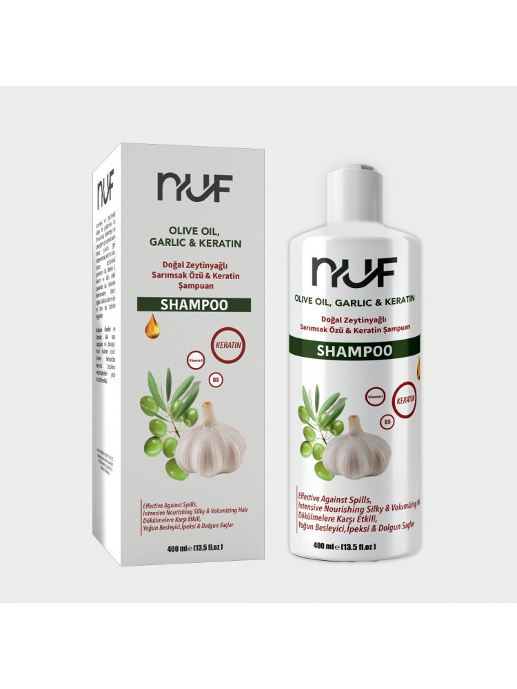 Nuf Kozmetik Sarımsak & Zeytinyağlı Onarıcı Şampuan | 400 ml Keratin & Vitamin E Destekli 