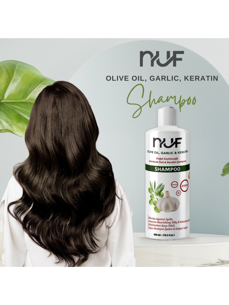 Nuf Kozmetik Sarımsak & Zeytinyağlı Onarıcı Şampuan | 400 ml Keratin & Vitamin E Destekli 