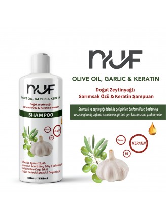 Nuf Kozmetik Sarımsak & Zeytinyağlı Onarıcı Şampuan | 400 ml Keratin & Vitamin E Destekli 