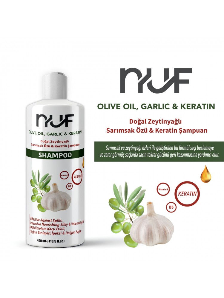 Nuf Kozmetik Sarımsak & Zeytinyağlı Onarıcı Şampuan | 400 ml Keratin & Vitamin E Destekli 