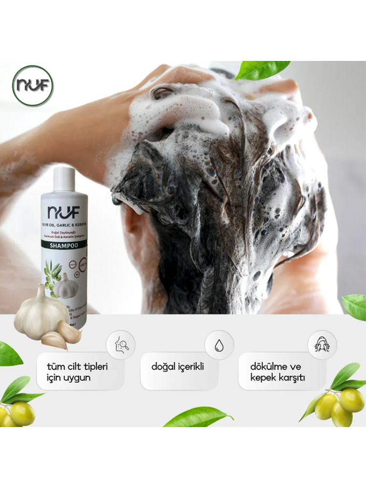 Nuf Kozmetik Sarımsak & Zeytinyağlı Onarıcı Şampuan | 400 ml Keratin & Vitamin E Destekli 